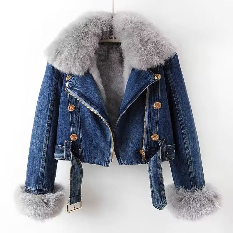 Furvia | Detachable Fox Fur Denim Coat with Rabbit Fur Liner