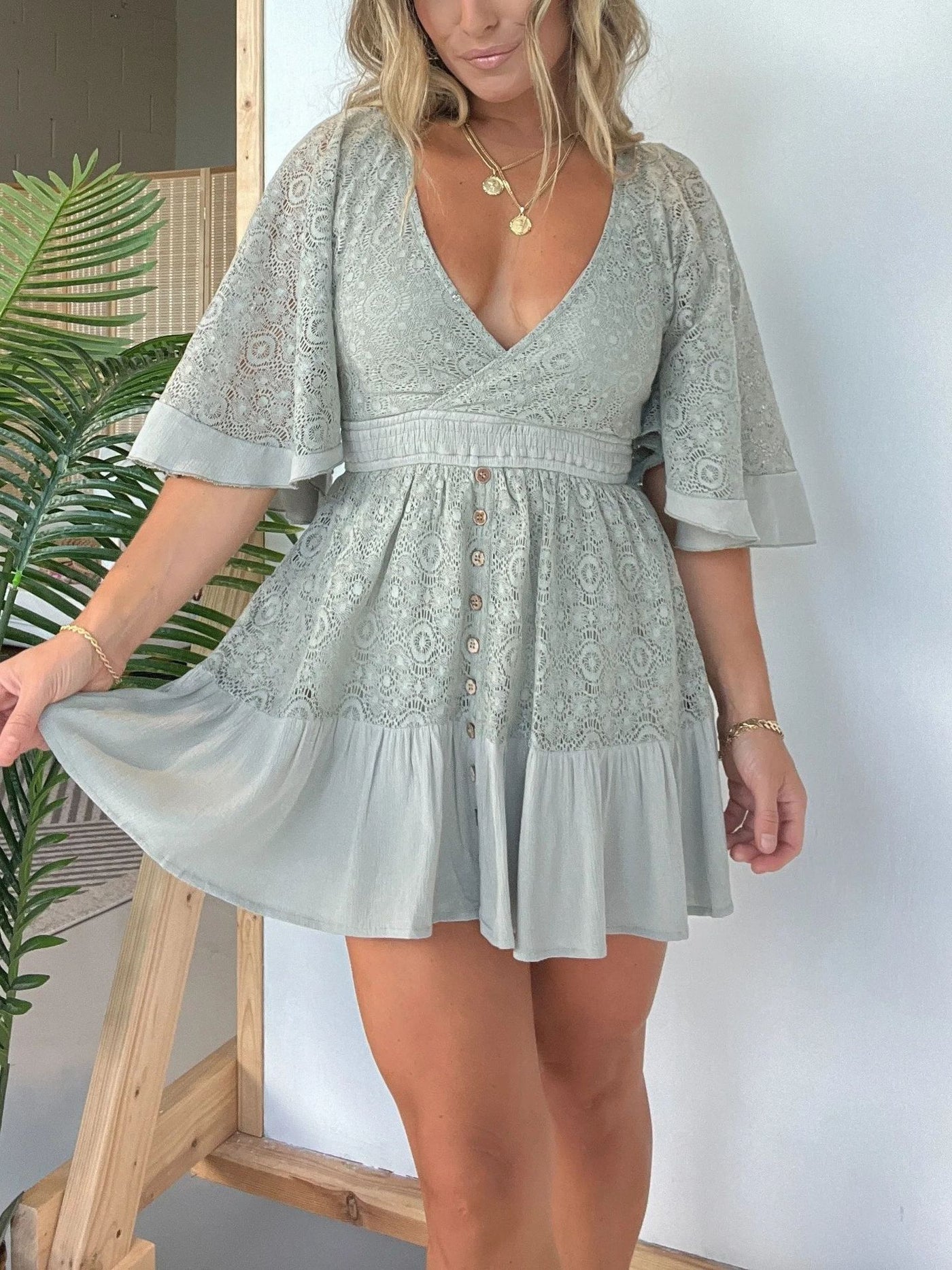 Kaulifa- Lace Crochet Romper Dress with Built-in Shorts