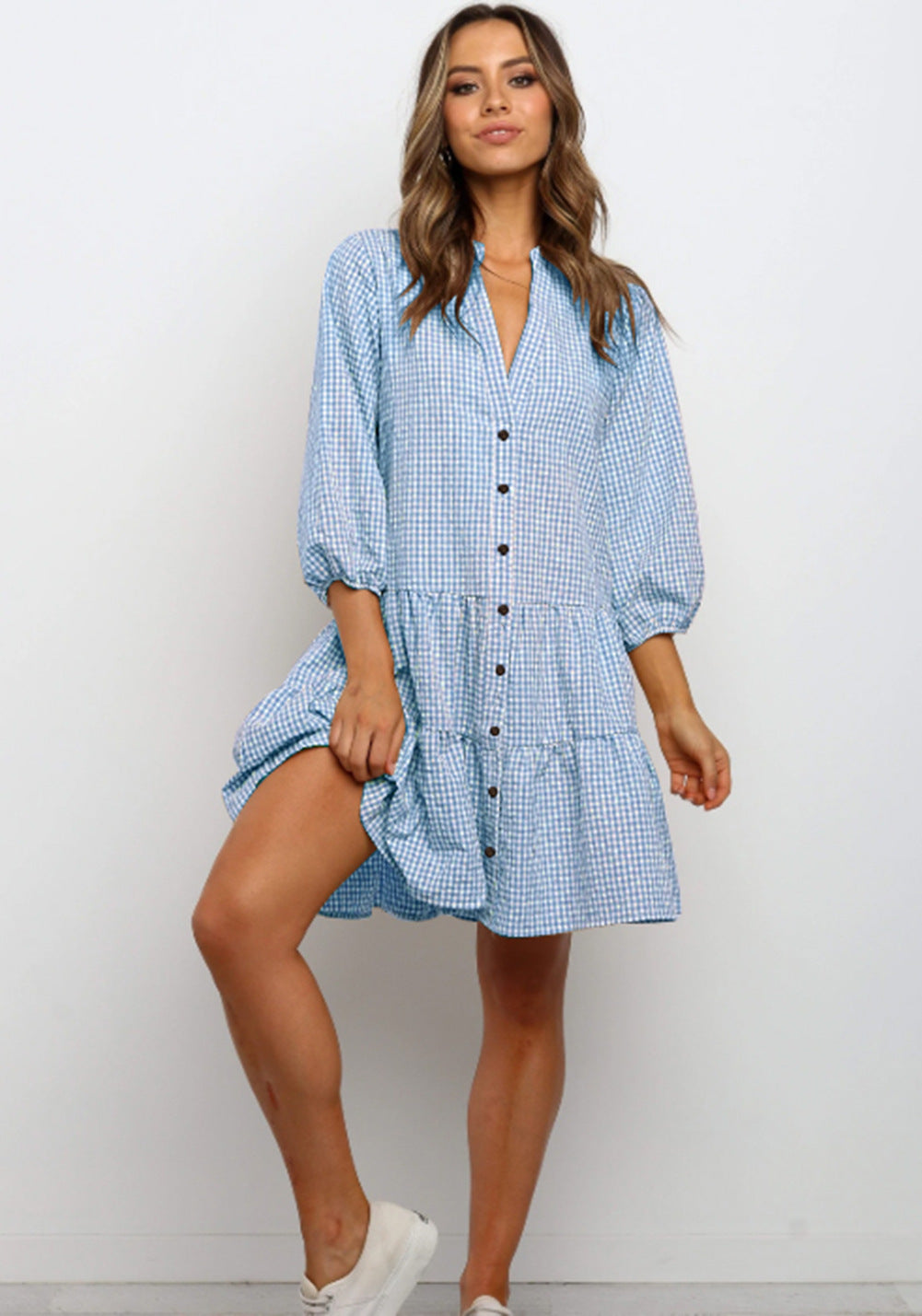 ChicAura | Printed Plaid V-neck Three-Quarter Sleeve Dress