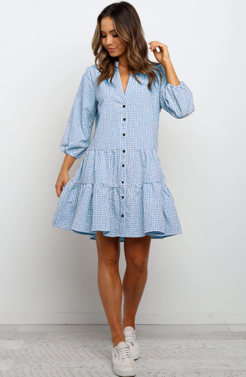 ChicAura | Printed Plaid V-neck Three-Quarter Sleeve Dress