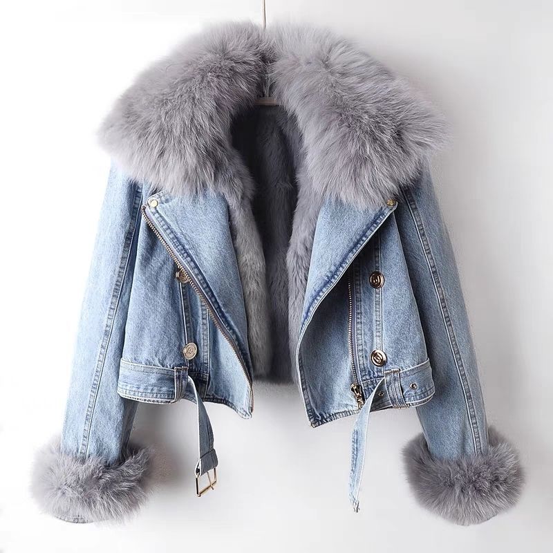 Furvia | Detachable Fox Fur Denim Coat with Rabbit Fur Liner