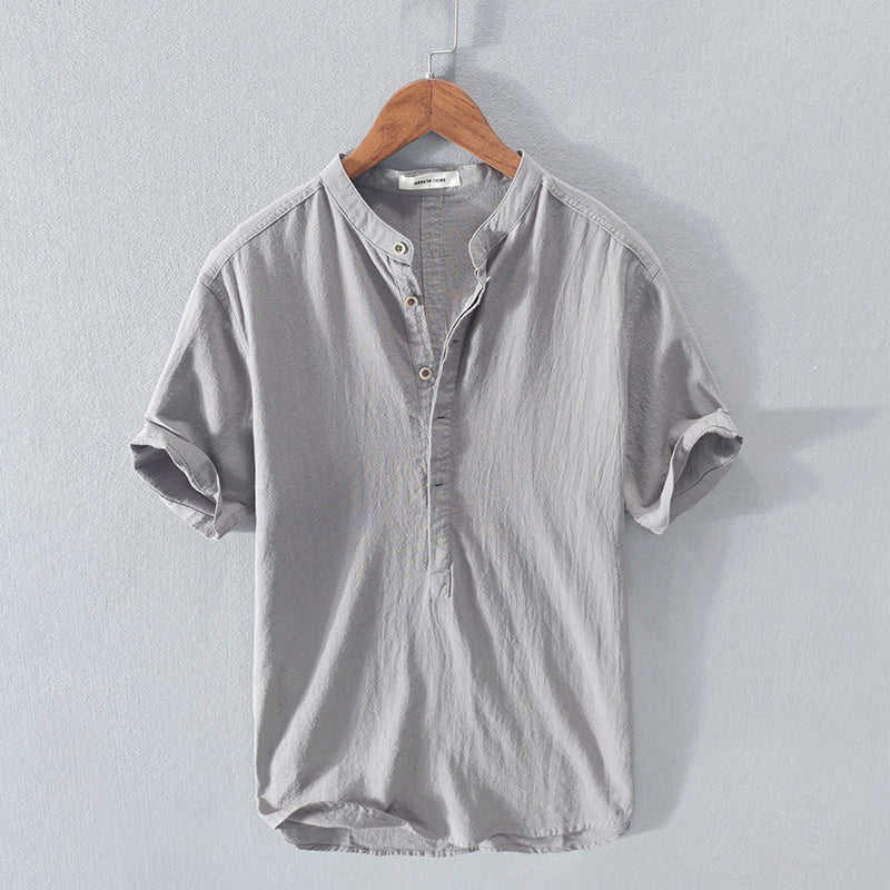 Novar | Men's Ice Silk Linen Short Sleeve T-shirt with Stand Collar