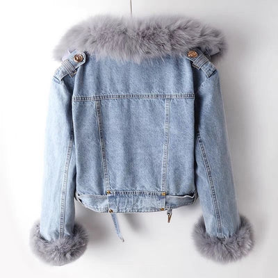 Furvia | Detachable Fox Fur Denim Coat with Rabbit Fur Liner