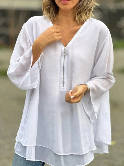 Liora™ | Casual V-Neck Chiffon Top with Sleeves and Metal Zip