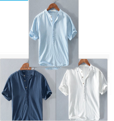 Novar | Men's Ice Silk Linen Short Sleeve T-shirt with Stand Collar