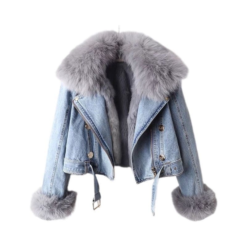 Furvia | Detachable Fox Fur Denim Coat with Rabbit Fur Liner