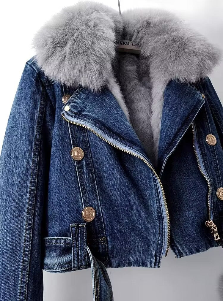 Furvia | Detachable Fox Fur Denim Coat with Rabbit Fur Liner