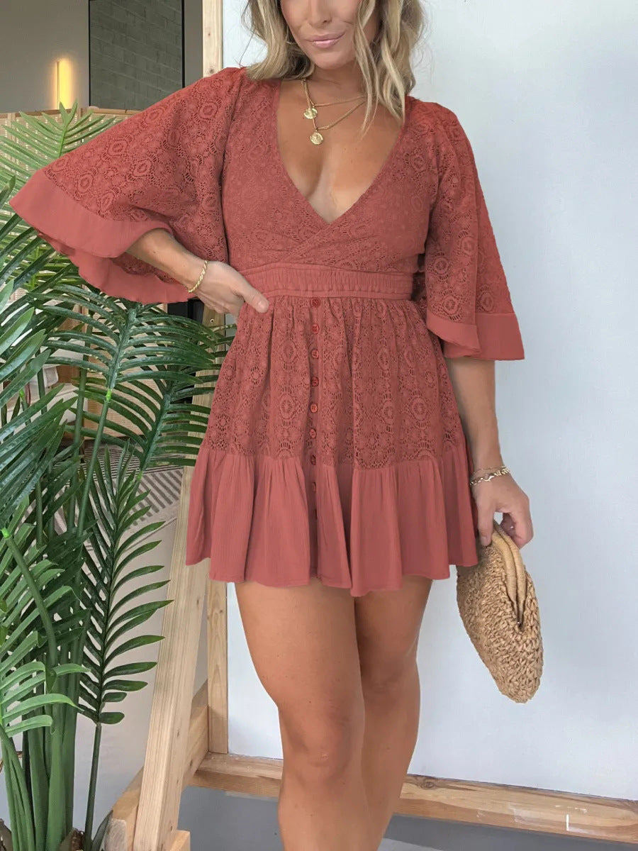 Kaulifa- Lace Crochet Romper Dress with Built-in Shorts