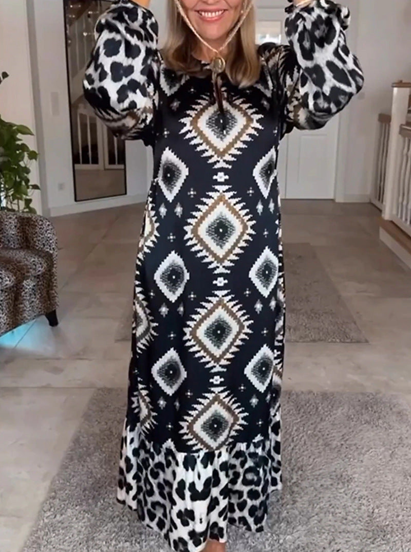 Sandra – Geometric and Leopard Print Maxi Dress