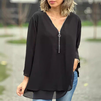 Liora™ | Casual V-Neck Chiffon Top with Sleeves and Metal Zip