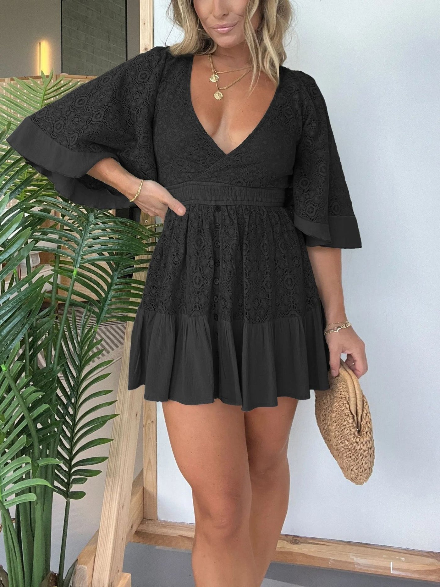 Kaulifa- Lace Crochet Romper Dress with Built-in Shorts