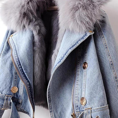 Furvia | Detachable Fox Fur Denim Coat with Rabbit Fur Liner