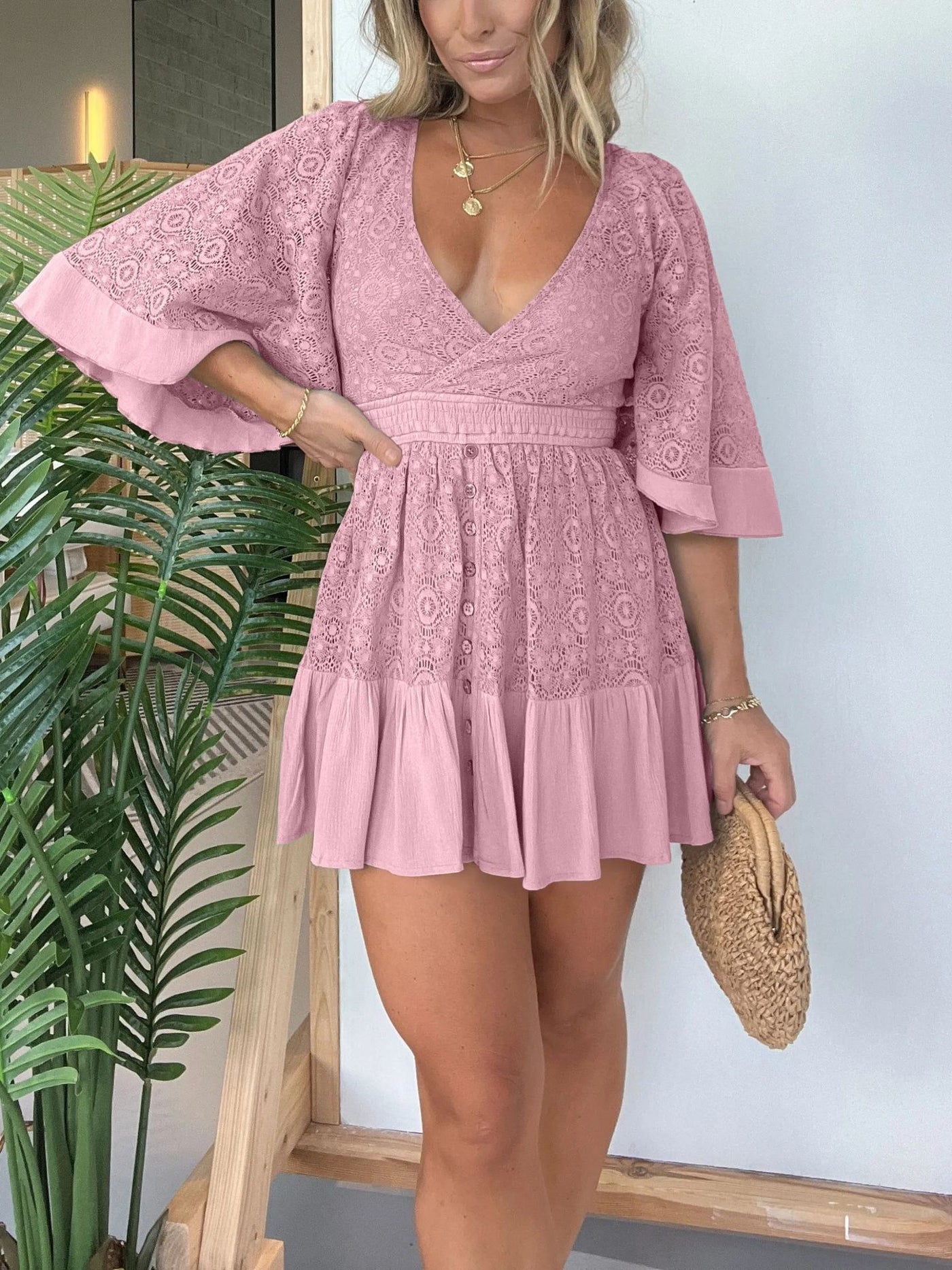 Kaulifa- Lace Crochet Romper Dress with Built-in Shorts