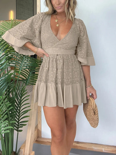 Kaulifa- Lace Crochet Romper Dress with Built-in Shorts