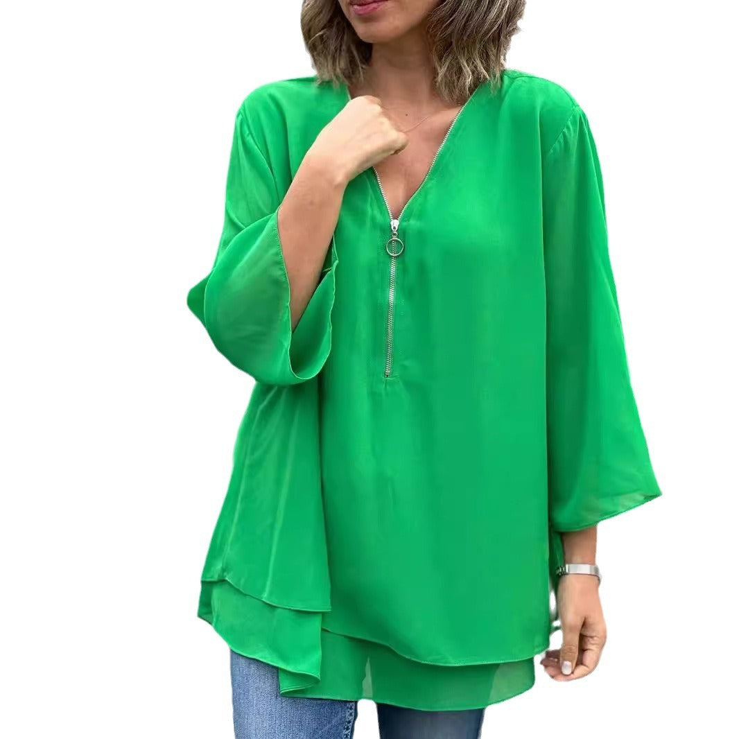 Liora™ | Casual V-Neck Chiffon Top with Sleeves and Metal Zip