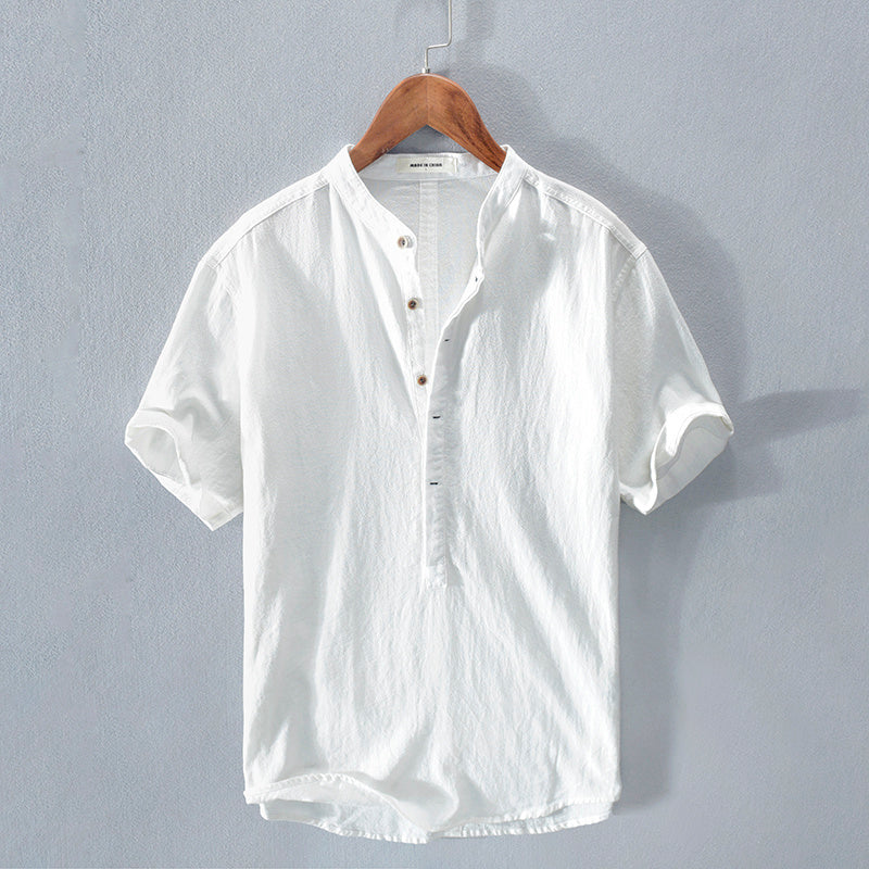 Novar | Men's Ice Silk Linen Short Sleeve T-shirt with Stand Collar